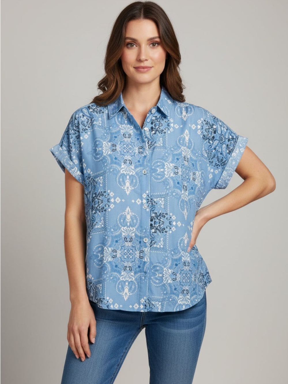 Reba Light Blue Bandana-Print Short Sleeve Button Down